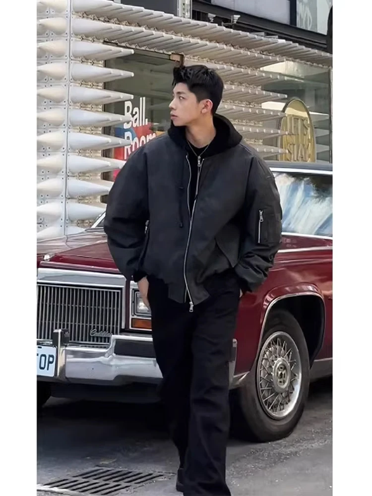 

American Sle Men's PU Leather Cotton Jaet Hooded Patchwork Baseball Coat Winter Streetwear Trendy Overcoat Warm Thiened