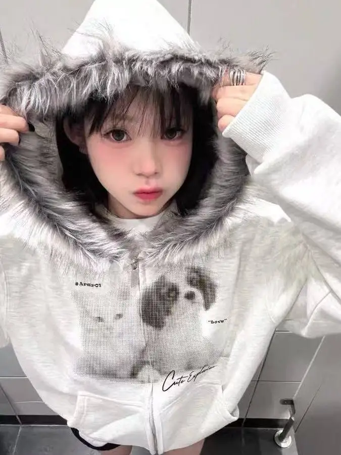 

Autumn Winter American Cartoon Style Faux Fur Collar Hoodie Women's Fleece Loose Open Cardigan Coat Dog Print Warm Top