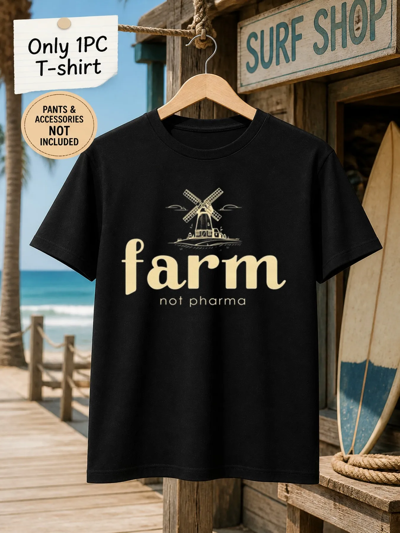 1pc Mens Graphic T Shirt Farm Not Pharma Windmill Print Short Sleeve Crew Neck[solely 1pc T-SHIRT]