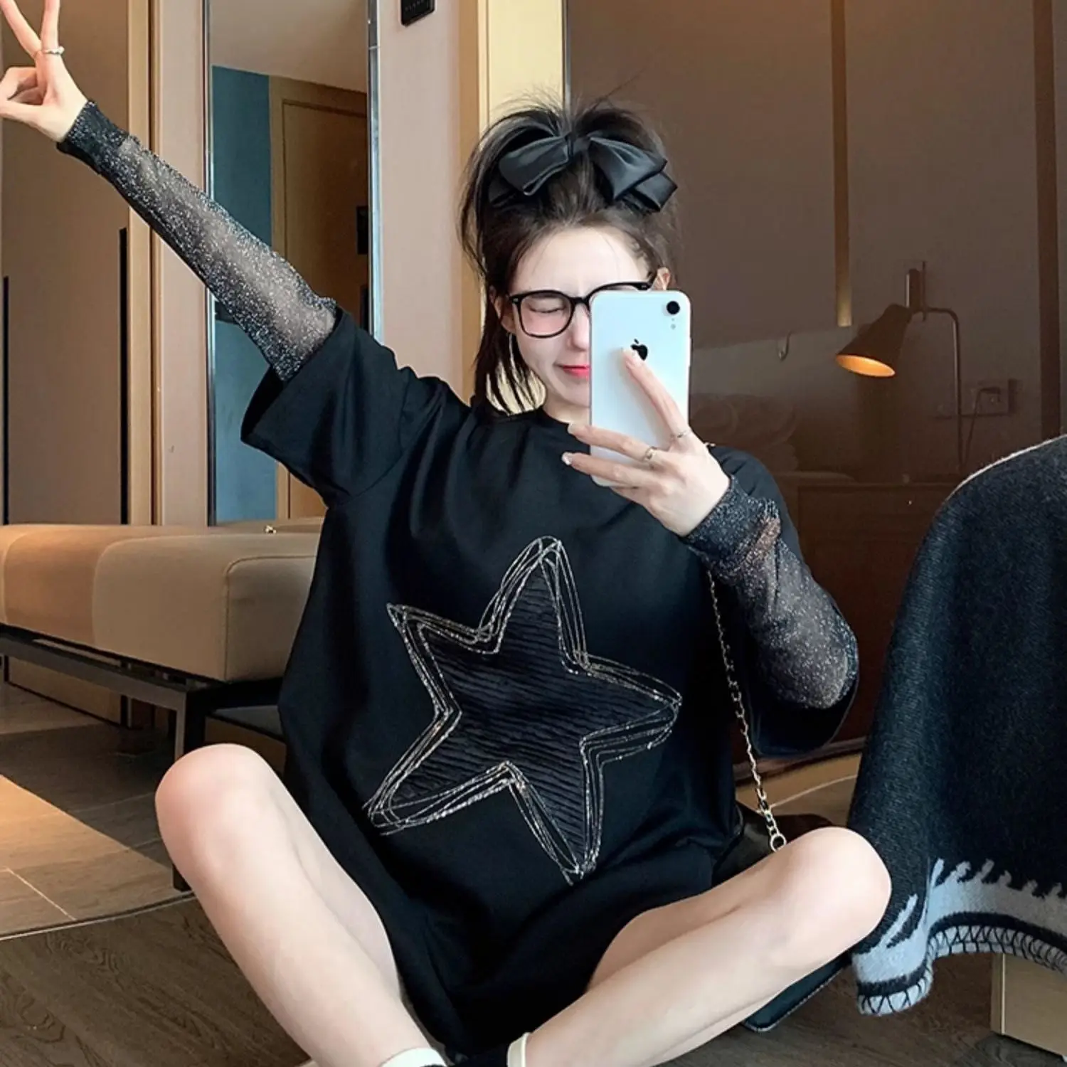 Camiseta holgada de manga larga con malla, Vintage americano, primavera y otoño