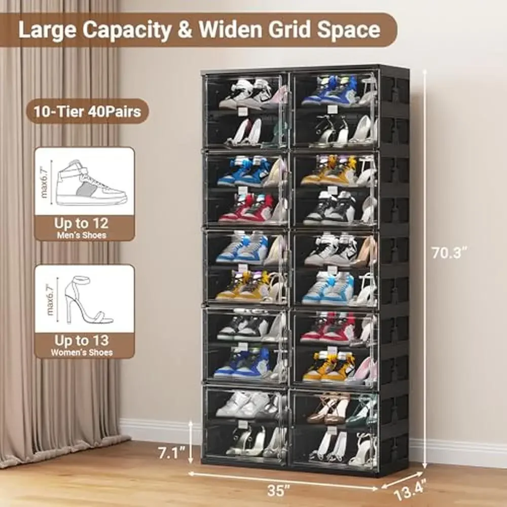 Shoe Storage Organizer Cabinet 10 Tiers 40 Pairs Hard Plastic Stackable Collapsible Large Entryway Sneaker Box Organizer Pet