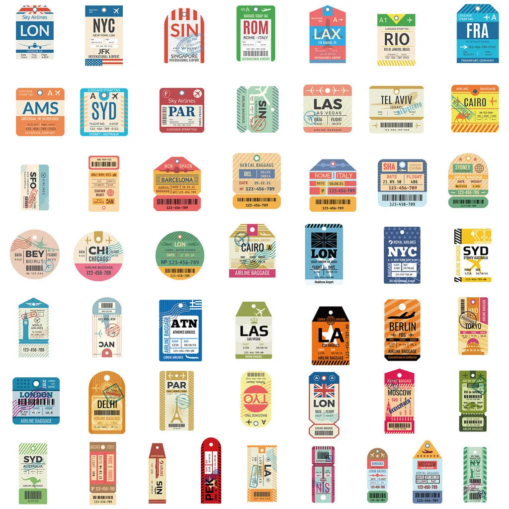 50PCS Retro Airplane Ticket Stubs Waterproof Graffiti Stickers for Helmet Bicycle Hand Account Pencil Case Decals