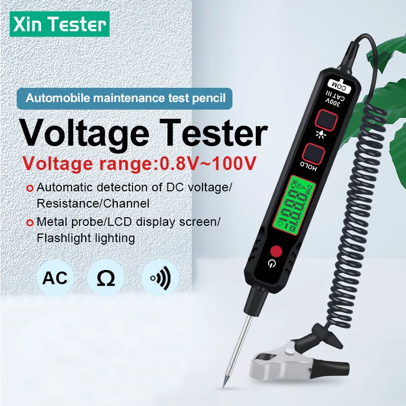 

Xin Tester NCV 100V Car Voltage Detector Pen Type Flashlight Sensitivity Backlight Adjustable DC Voltage Tester XT86A