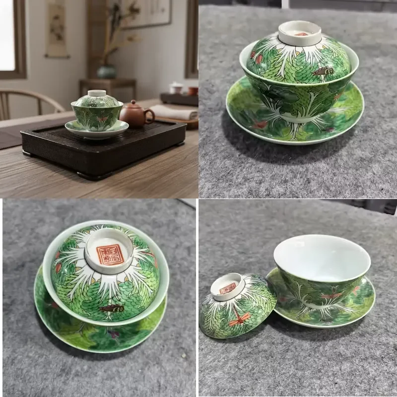 

【CHIMU HOME】 Hand Painted Bok Choy Pattern Porcelain Gaiwan Set with Saucer 120ml