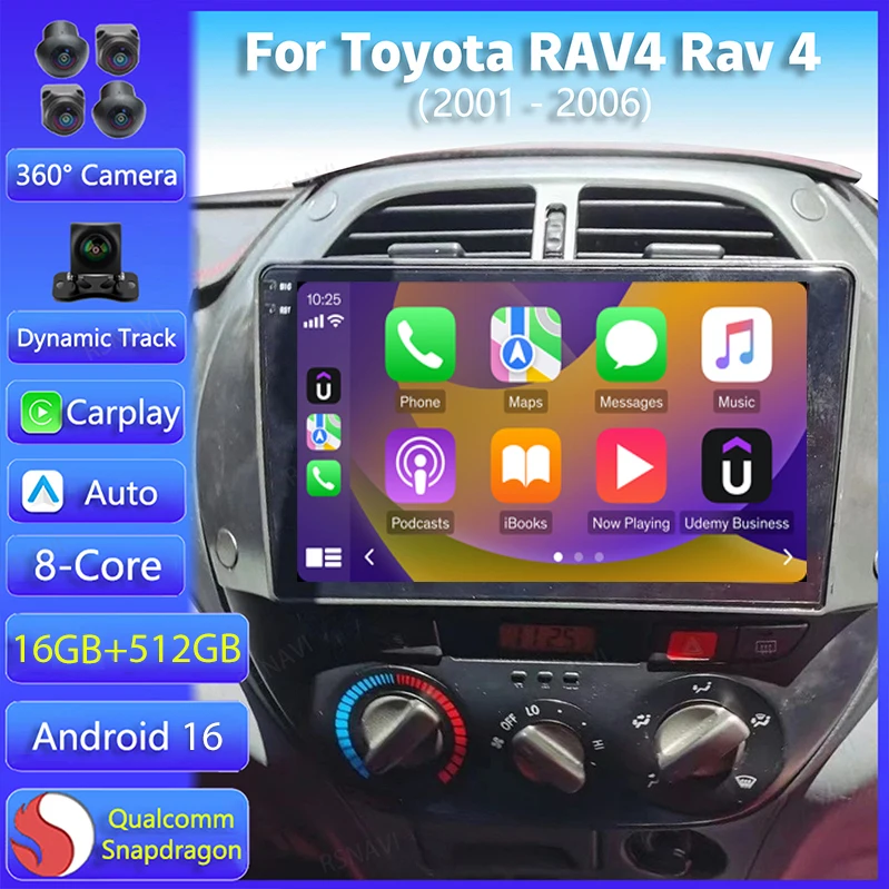 Radio para Auto con Android 16 y Carplay para Toyota RAV4 Rav 4 2001 2002 2003 - 2006, Reproductor Multimedia GPS, Estéreo DSP, Unidad Principal, Autoradio BT