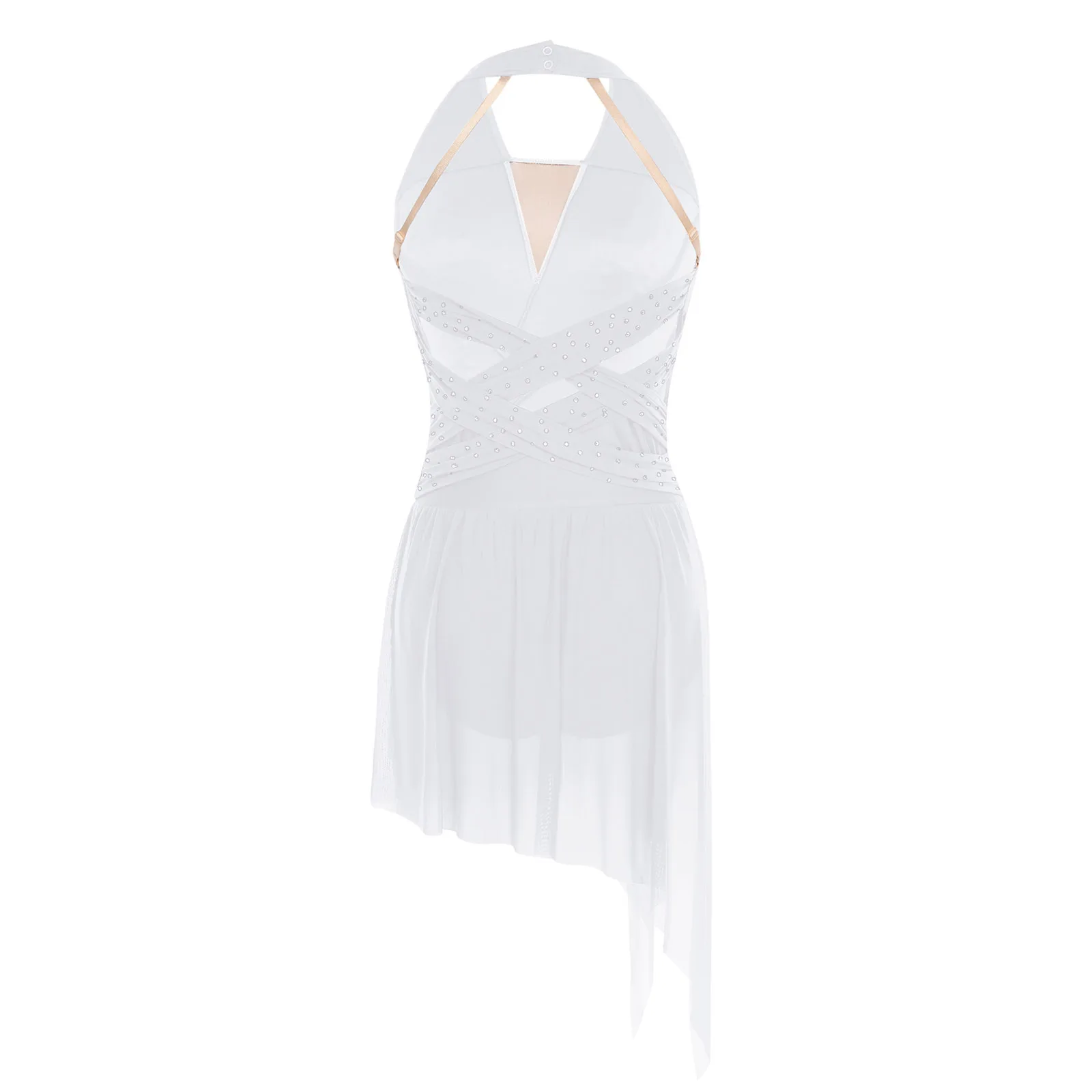 Women Figure Skating Leotards Dress Ruched Rhinestones Backless Irregular Hem Bodysuit Dress for Latin Samba Rumba Jazz Dance