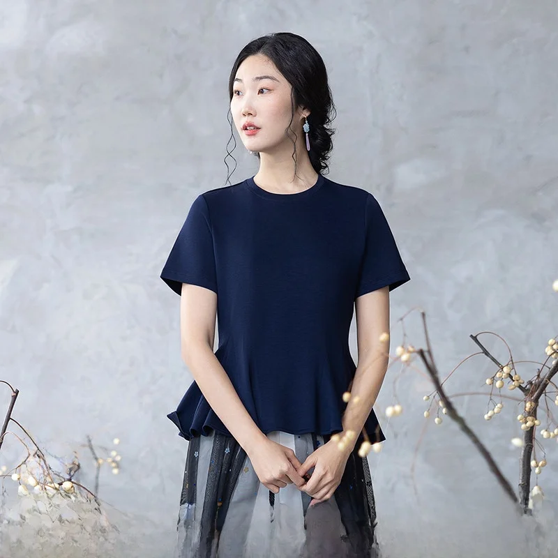 

Versatile Multi-Color Slimming Modal Cotton T-Shirt with Lace Hemline Elegant Style Short Sleeve round Neck Knitted Top for W...