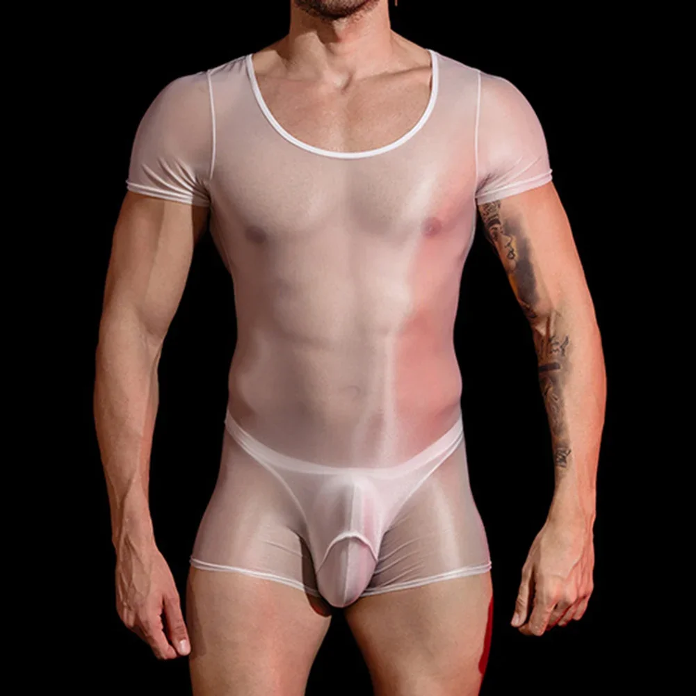 Sexy Men Ultra Thin See Through Bodysuit Short Sleeve Shorts Leotard Tight Elastic Jumpsuit Temptation Lingerie Erotic Underwear