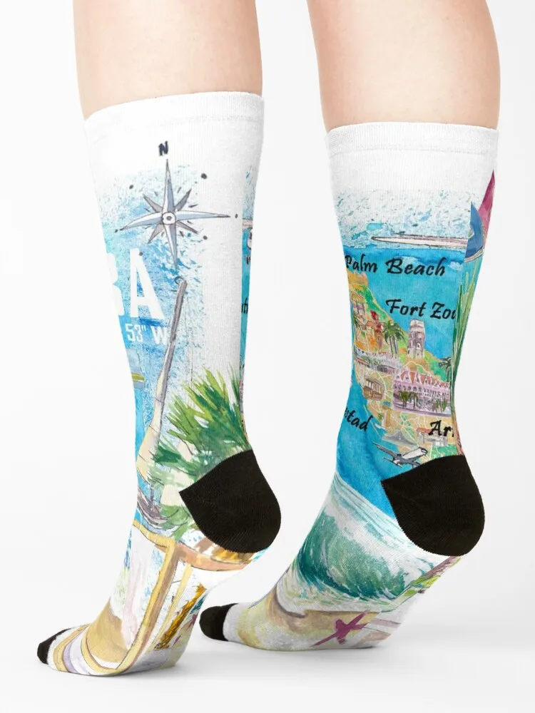 Aruba Dutch Antilles Caribbean Island Illustrated Travel Map with Tourist Highlights Socks christmas gifts Socks For Man Women's