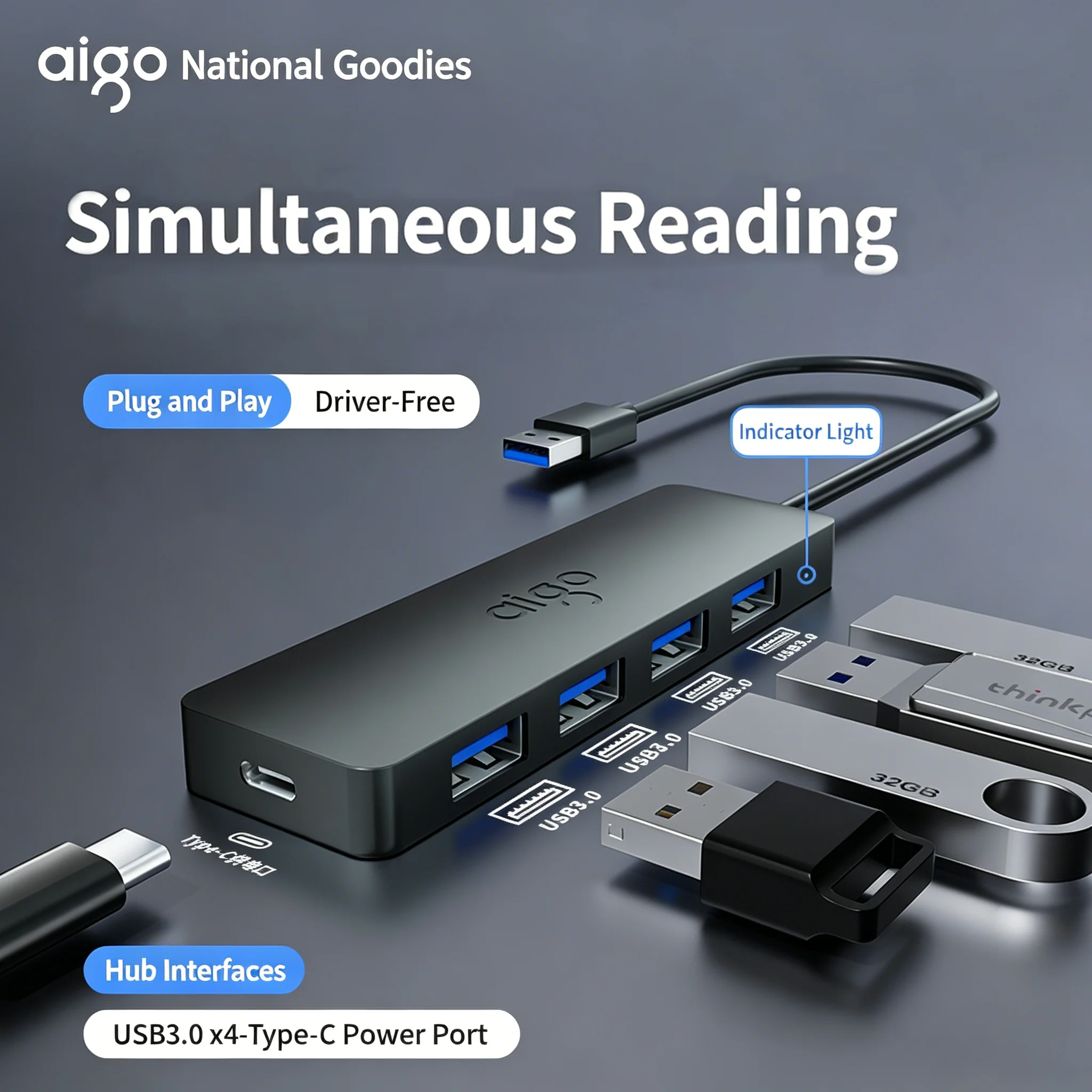 AIGO USB HUB 4 Ports USB C/A Hub Type C to USB3.0 Splitter Adapter For Laptop Desktop PC Accessories Splitter Docking Station - view 2