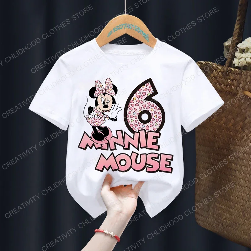 Camiseta de Minnie Mouse para niños, ropa informal de dibujos animados de Disney, Kawaii, número 1-12, Verano