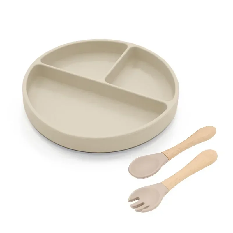 Baby 3pcs/set Safe Silicone Tableware Set Children Sucker Dining Plate Wood Fork and Spoon Kids Feeding Training Dishes BPA Free