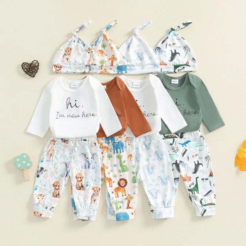 

Костюм для новорожденных девочек и мальчиков SUNSIOM, Осенний комбинезон с длинными рукавами и надписью, штаны с принтом слона и эластичной талией, шапка, повседневный комплект из 3 предметов