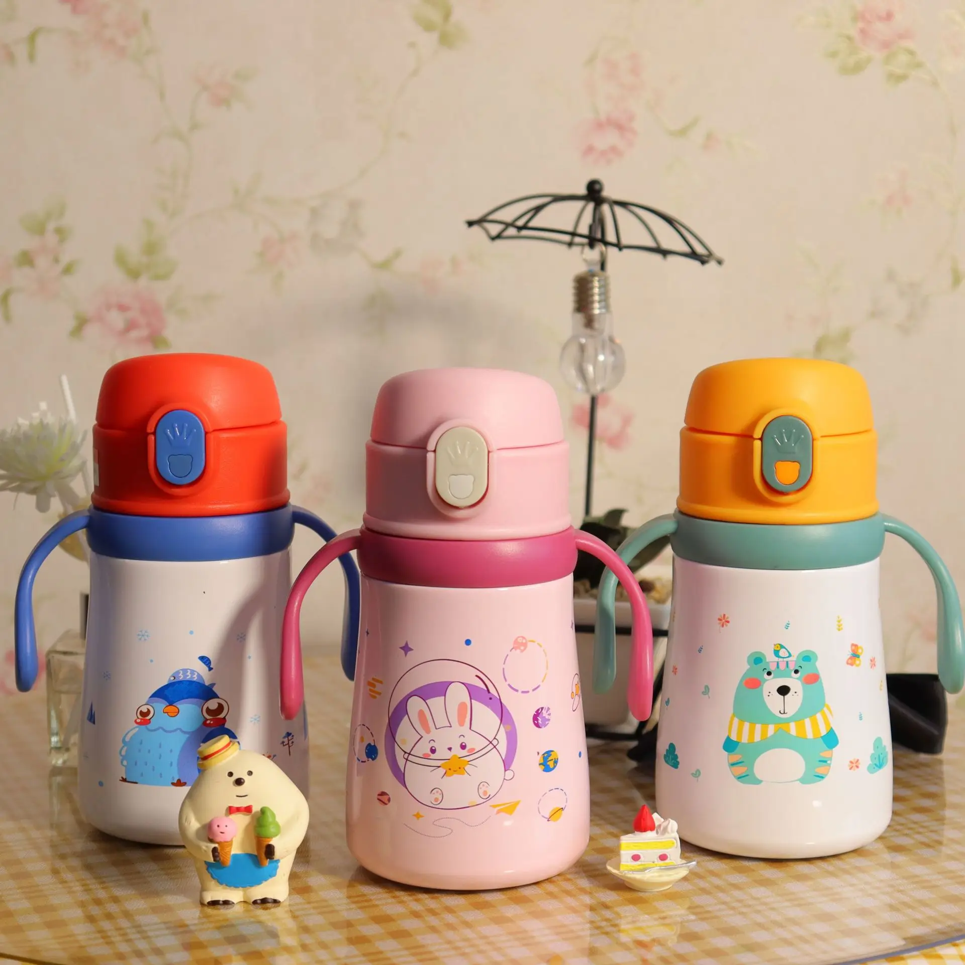 Cute 360ml kids love 316 stainless steel thermos  double use kindergarten portable vacuum flask with straw/handle/rope