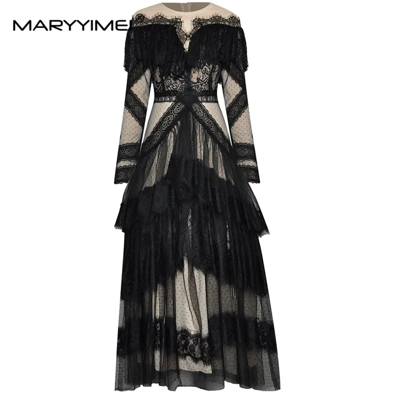 

MARYYIMEI Fashion dress Spring Women Dress Long sleeve Lace Cascading Ruffle Vintage Mesh Dresses