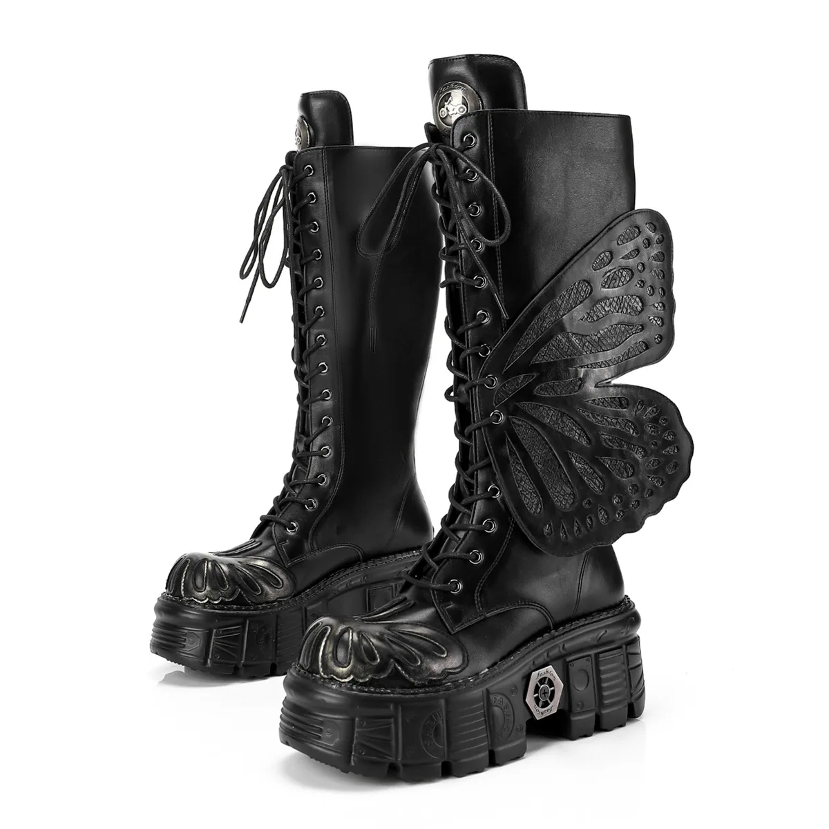2026 Women Polished Silver Omet Dark Locomotive Heavy Metal Platform Punk Style Knee Butterfly Wings Hollow Boots