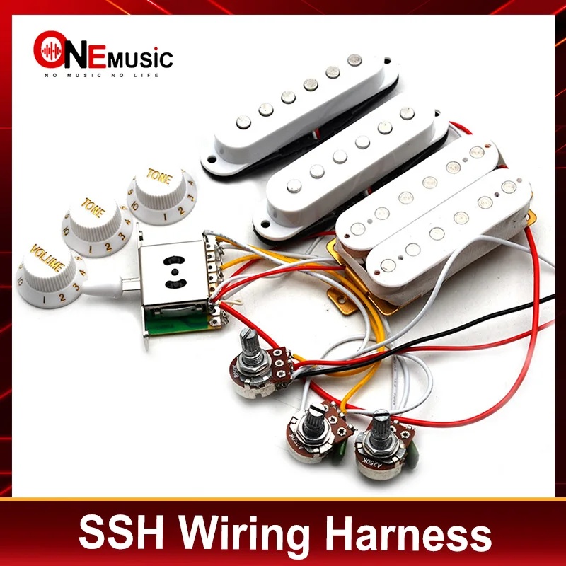 Electric Guitar Pickup Wiring Harness Prewired 5-way Switch 2T1V Control SSH Pickup for ST Electric Guitar Black-White