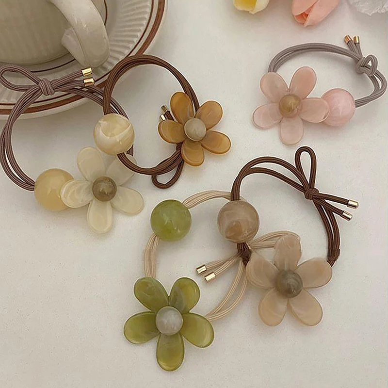 Sweet Acrylic Flower Charms Hair Ties, Candy Color, Elastic Ponytail Holder, Rubber Bands, Headwear para mulheres e meninas