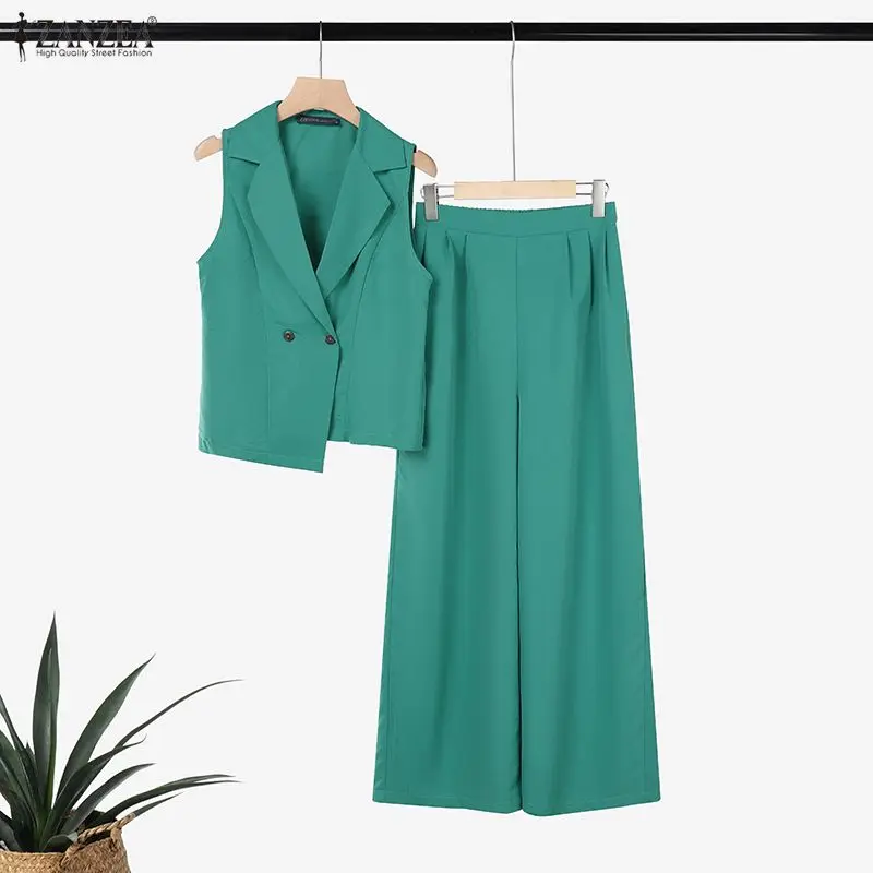 

2026 ZANZEA Summer Pant Sets Women Elegant Lapel Sleeveless Shirt Wide Leg Trousers 2 Piece Sets Stylish Solid OL Work Outfits