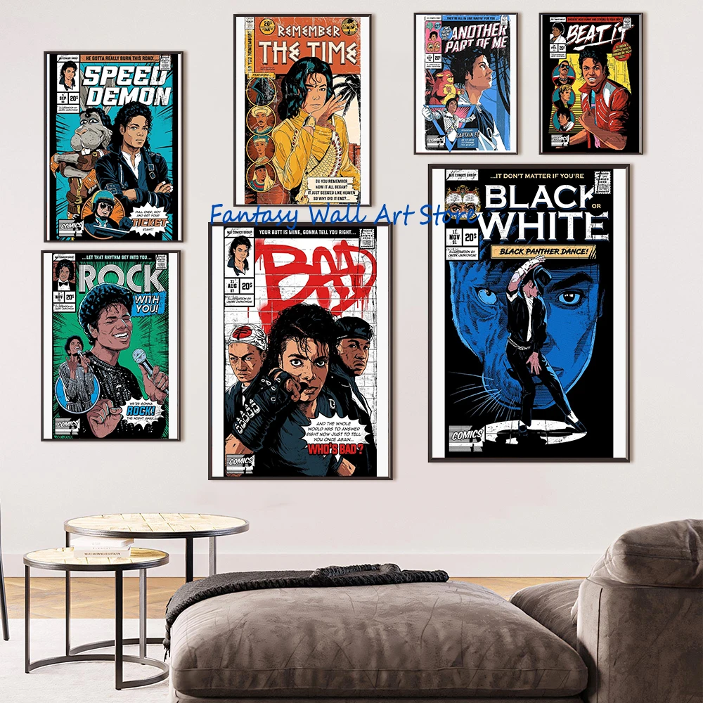 M-Michael Dancer J- Jackson Music Singer Legend Manga Poster Popular Singer Wall Art Canvas Printing Billie Jean Aesthetic Decor