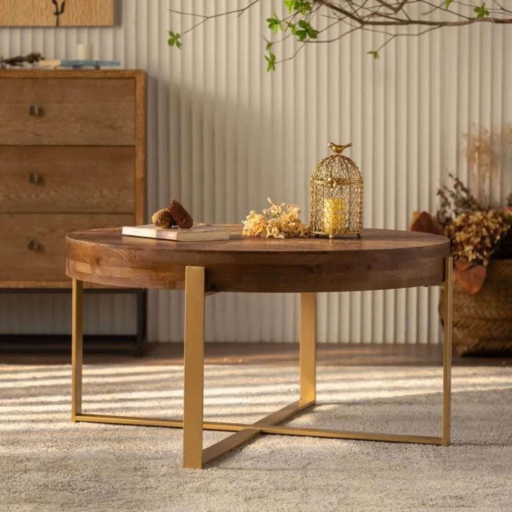 33,86" moderner runder Couchtisch im Retro-Stil mit Spleißfunktion, Tischplatte aus Holz mit goldenem Kreuzbeinsockel