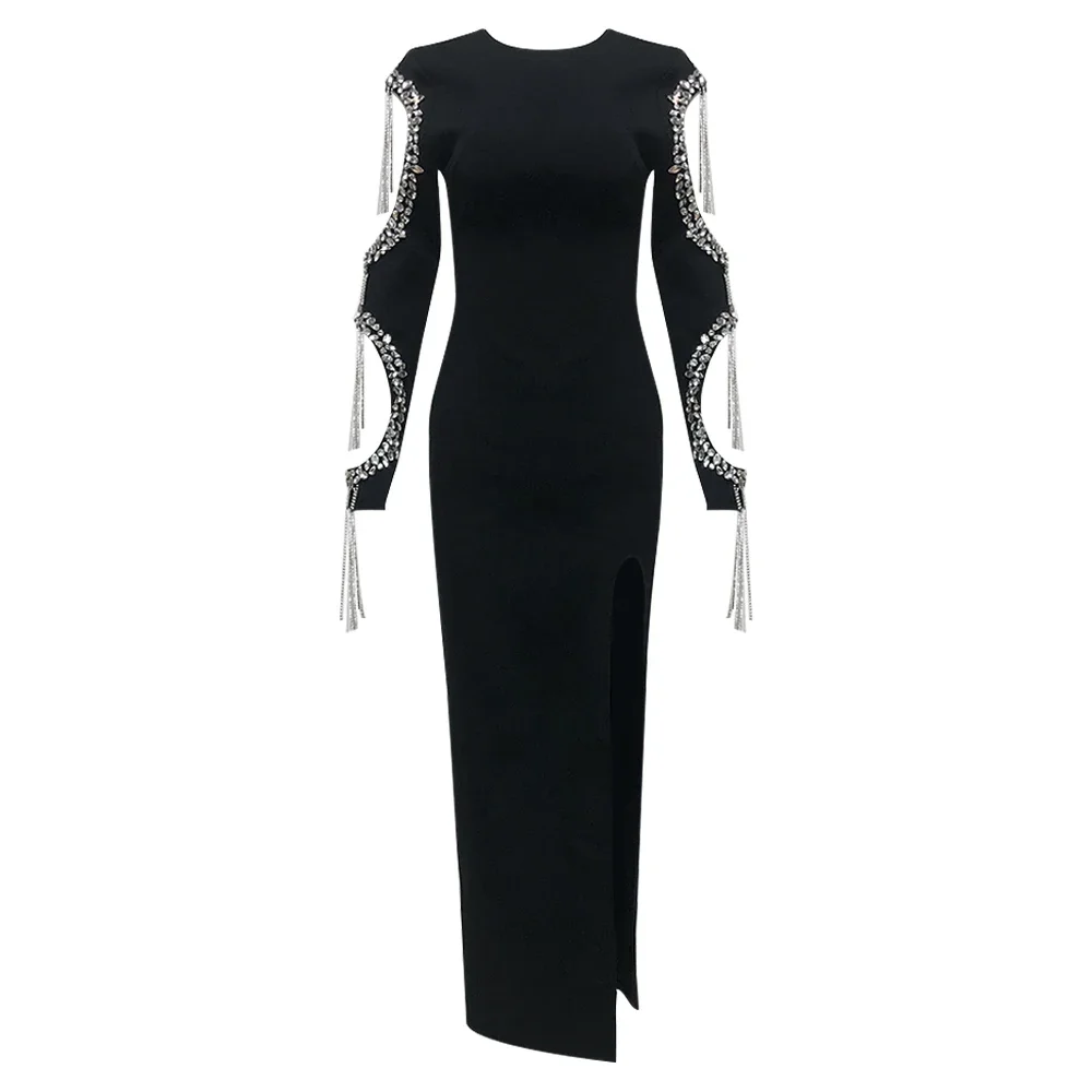

Luxury Diamond Tassel Bodycon Bandage Maxi Dress Women's Long Sleeve Hollow Design Fashion Club Cocktail Banquet Gowns