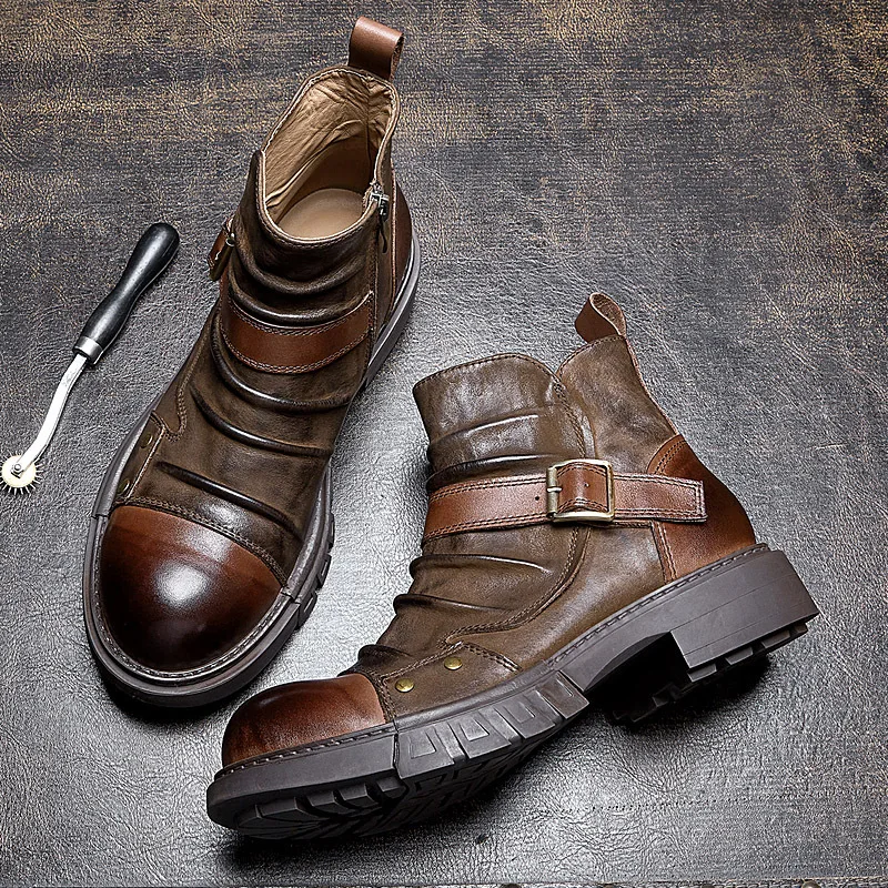 Must Get ! Handmade Punk Men Motorcycle Wrinkle Boots Cool Male Genuine Leather Chelsea Buckle Belt Autumn Winter Shoes