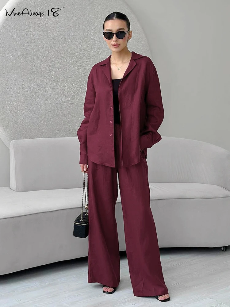 Mnealways18 Wine Red Pants Sets Office Ladies Loose Shirts And Wide Leg Pants Two Pieces Casual Outfits Cotton Linen Women Suits