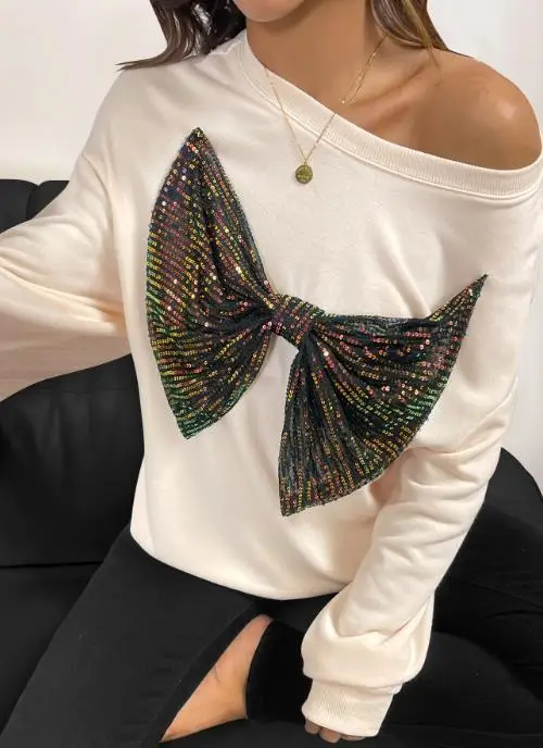 

Women's Sweatshirt Loose Daily Clothing Autumn and Winter New Holiday Fashion Sequin Bow Round Neck Pullover Hoodie for Women