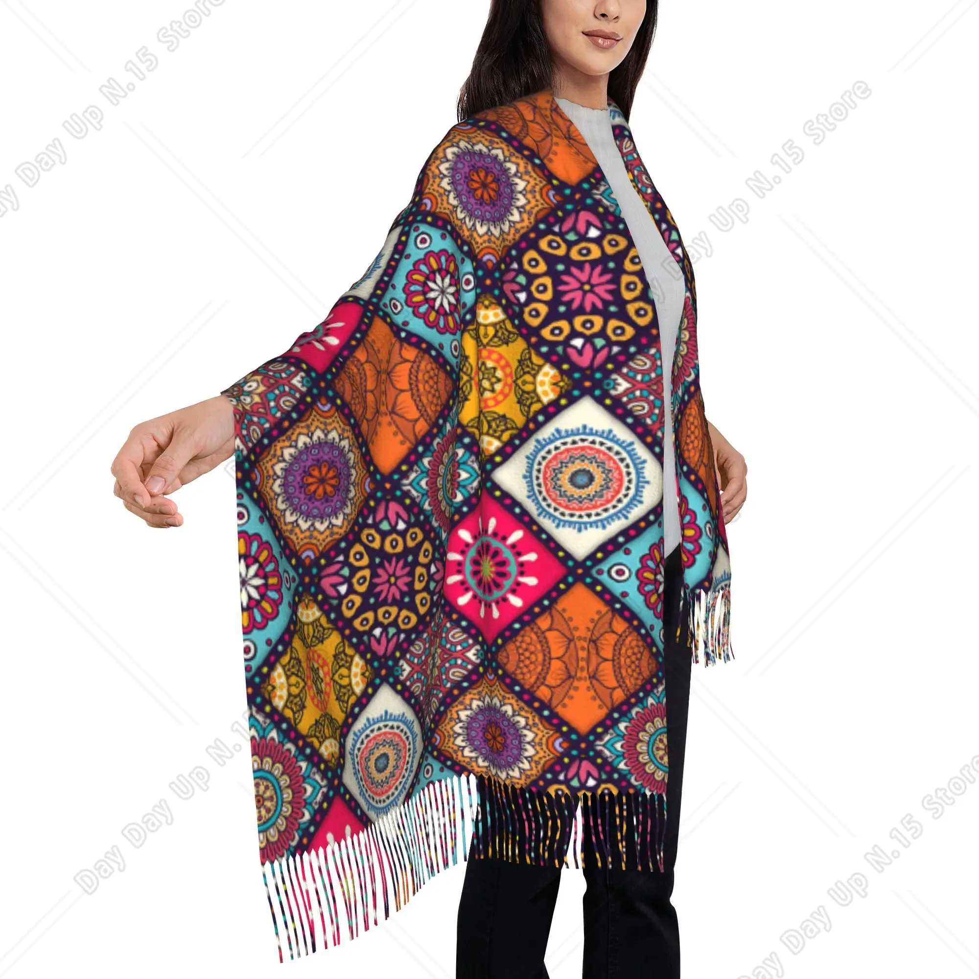 Colorful Indian Mandala Patchwork Pattern Printed Faux Tassel Scarf Soft Warm Shawl Wrap Fashion Daily Accessory