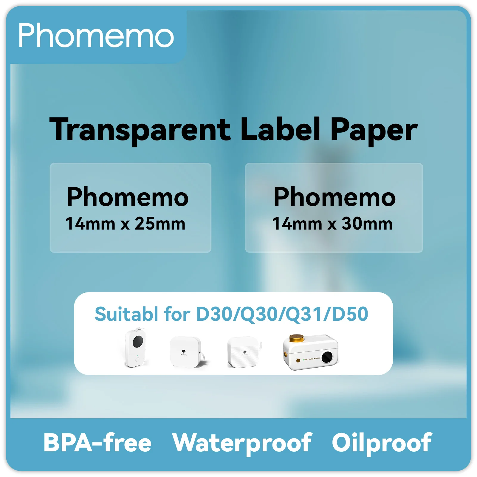 Phomemo 1/3 Rolls Q30 Transparent Sticker Waterproof Paper Adhesive Label White For Q30 D30 Mini Portable Thermal Printer Tape