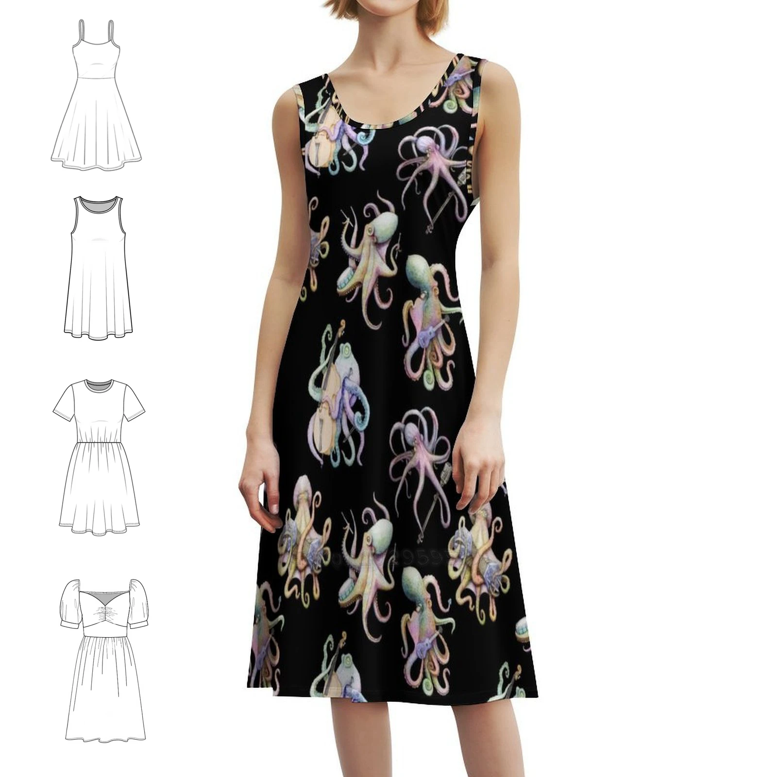 The Sea Bed Band-Black Korean Style Casual Dress For Women Simple Daily Office Lady Dresses Octopus Octopi Ukulele Concertina