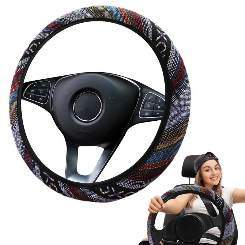 

Car Steering Wheel Cover Elastic Ethnic Style Flax Linen Cover No Inner Ring Aesthetic Flax Cloth Steering Wheel Elastic Cover