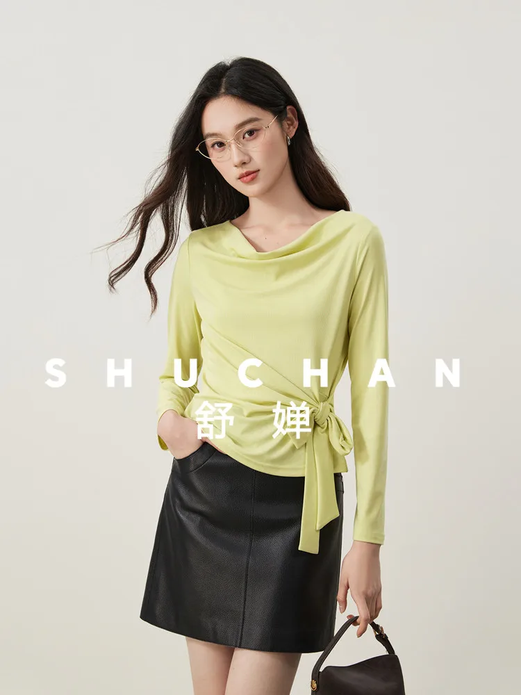 

French Elegant Swinging Neck, Skin-friendly Lyocell Waist Strap Solid Color T-Shirt 26 Spring New