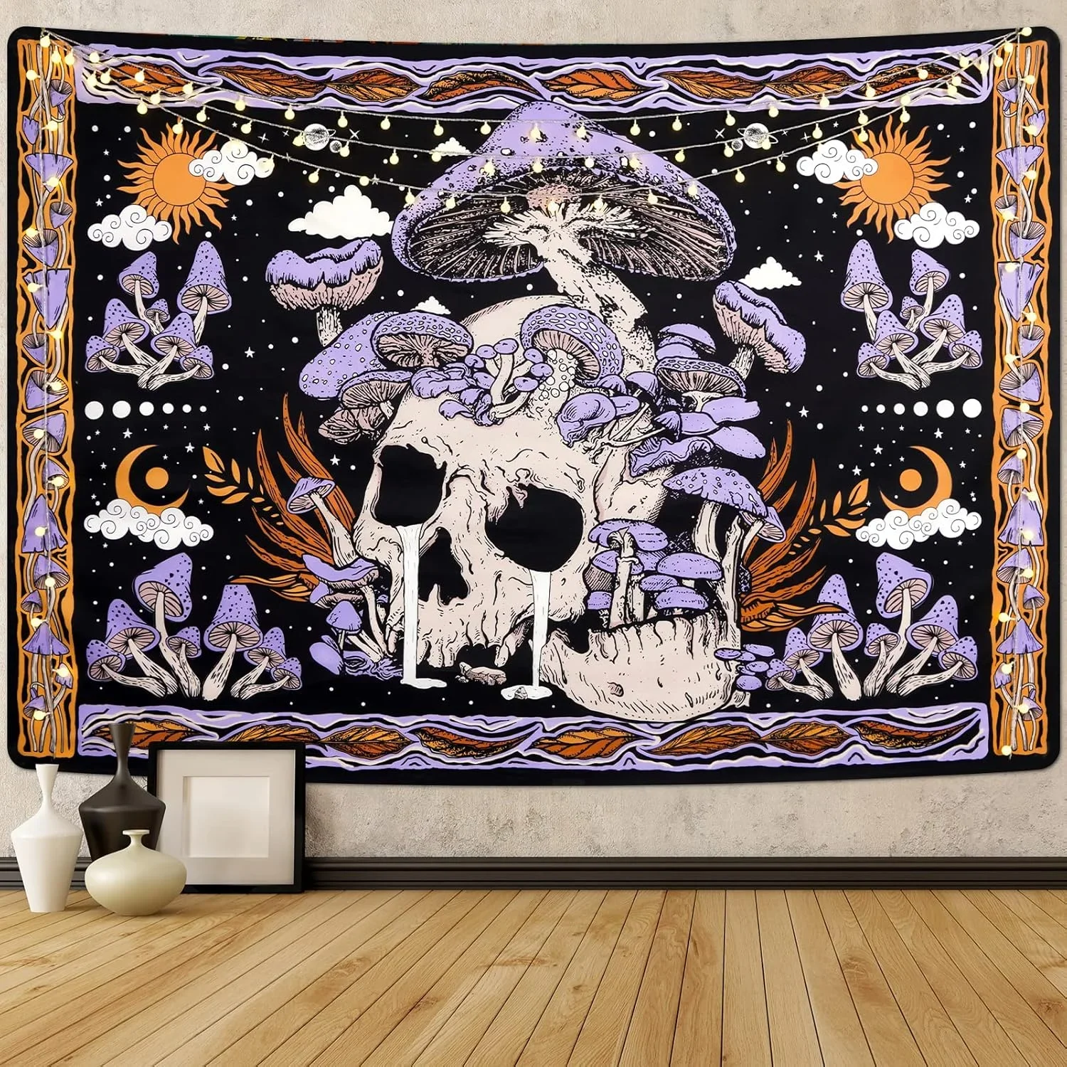 Dark Fantasy Tapestry Skeleton Mushroom Starry Sky Guest Tapestry Hanging Tarot Card Hippie Wallcloth Dormitory Home Decoration