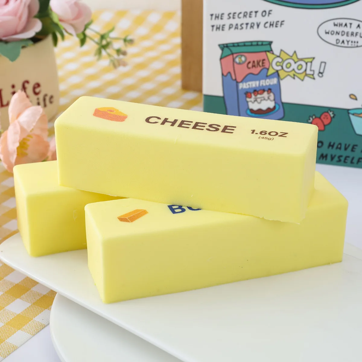 4pcs PU Simulated Cheese Butter Stick Model Fake Food Toy Artificial Food Photography Prop Bakery Shop Window Display Decor