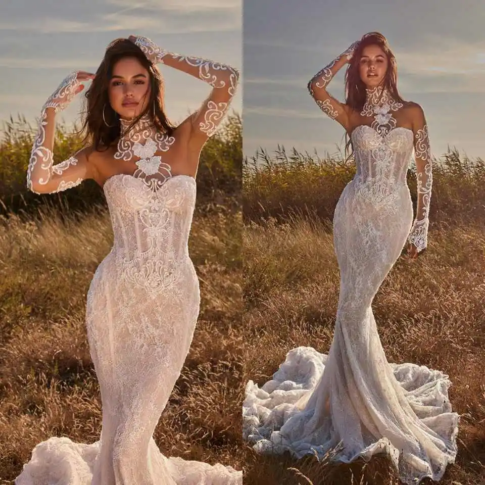 Exquisite Mermaid Bridal Gown High-Neck Lace & Long-Sleeve Formal Wedding Dress for High-End Rustic Wedding Events Customized
