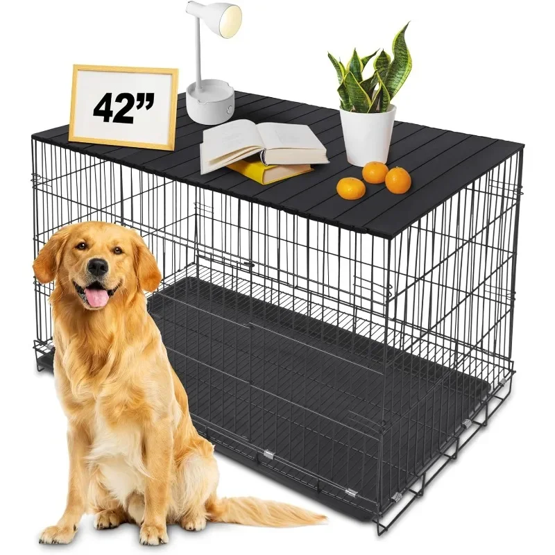 Dog Crate Topper with Magnets for 42 Inch - Aluminum Foldable Kennel Decorative Storage Pet Table Black