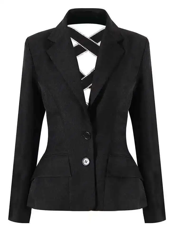 Designer Black  Bow Hollow Out Rhinestones Blazer Women New Lapel Long Sleeve Loose Fit Jacket Fashion Spring Autumn 2025 пид