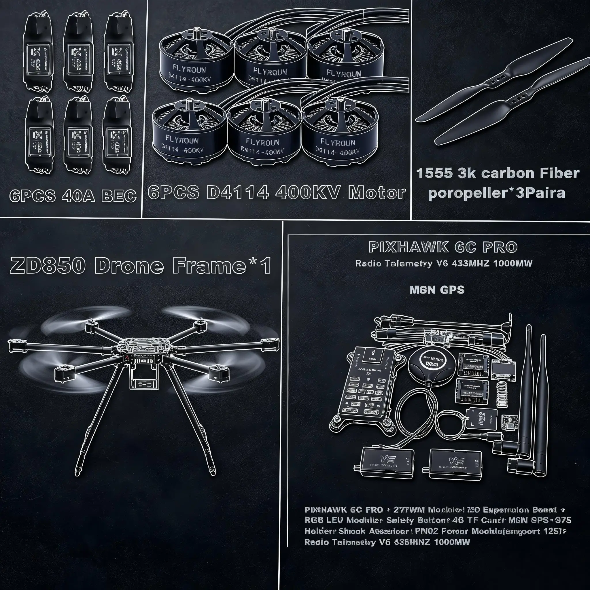 BCUBE ZD850 6C PRO M8N M9N M10 Full Carbon Fiber 850mm Hexa-Rotor Frame BLHELI 40A ESC Flight Comtrol Rado Telemetry Set