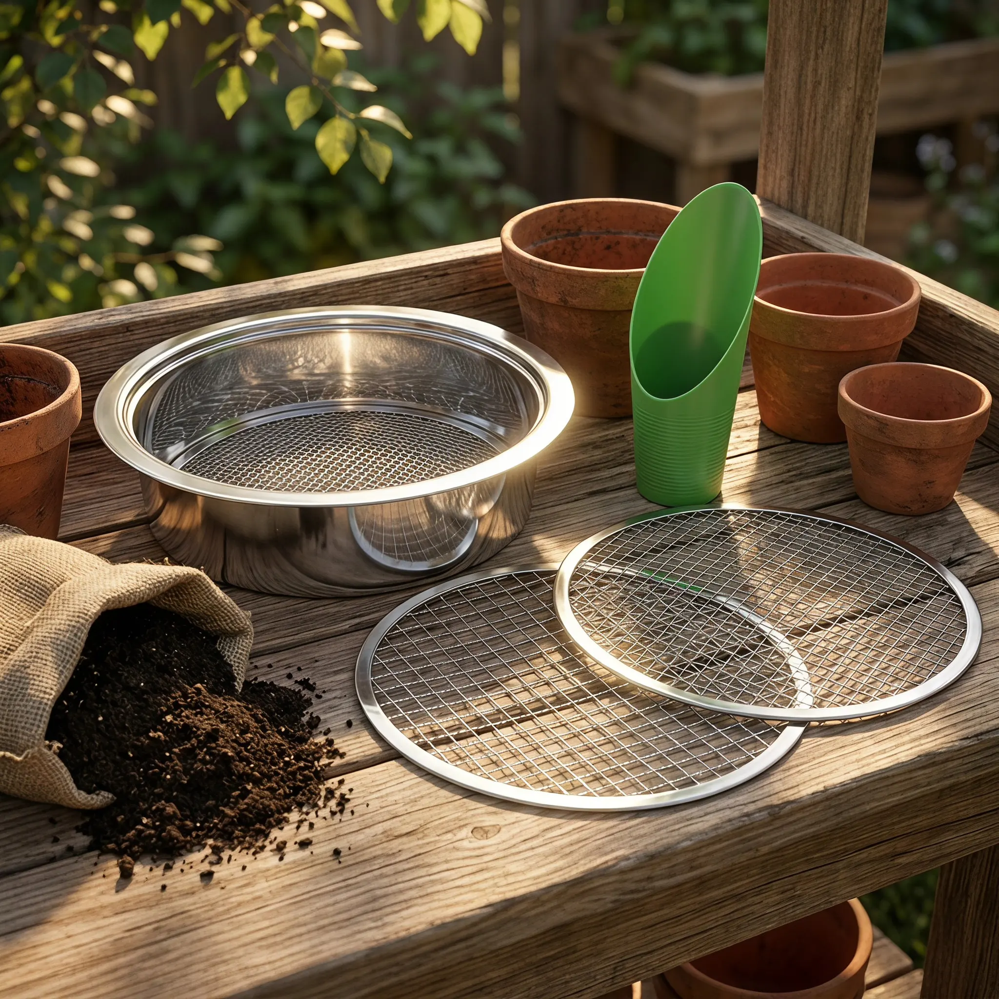 1Set Soil Sifter Gardening Stainless Steel Garden Sieve Interchangeable Mesh Screens Shovel Dirt Sand Gravel Potting Compost