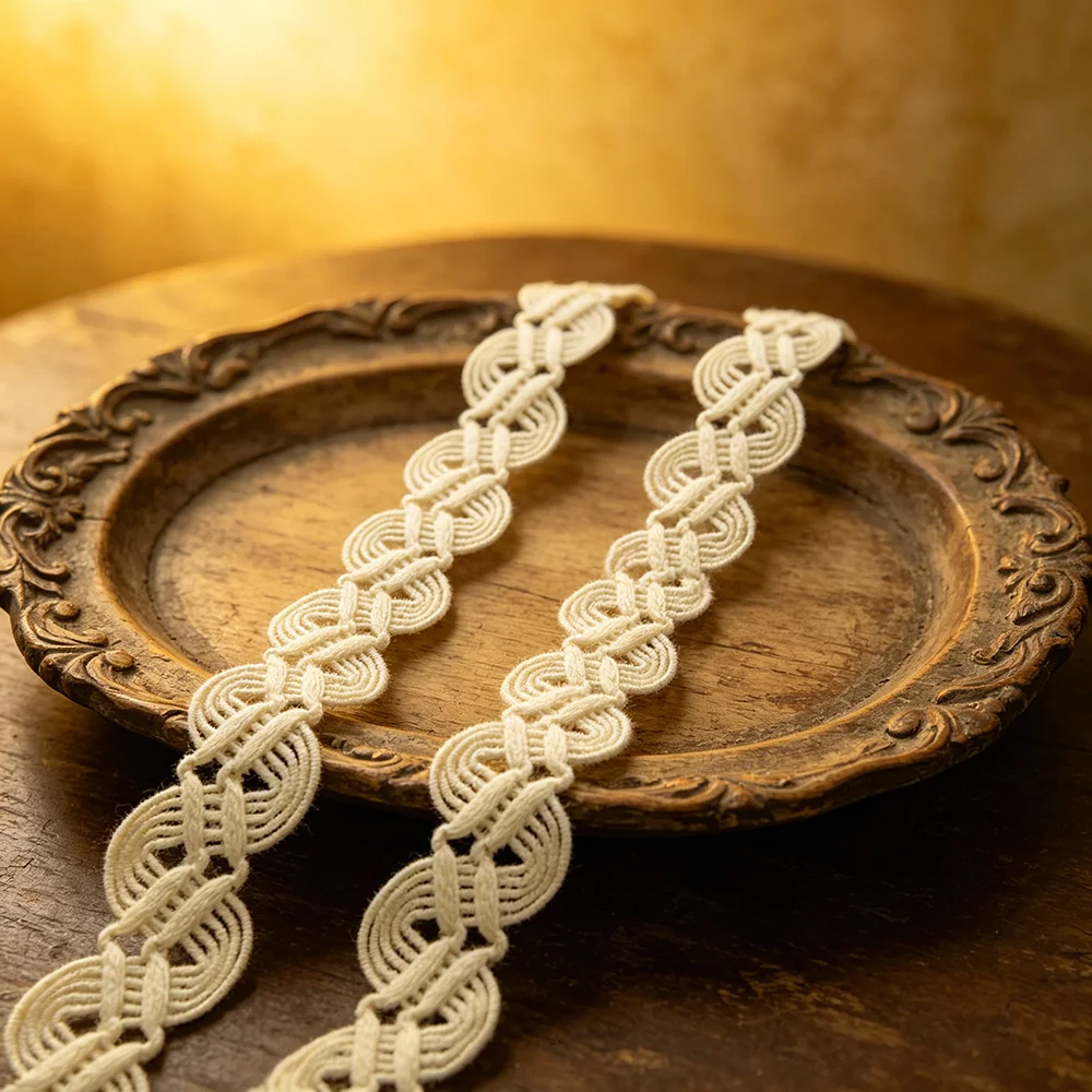 Cintas de encaje estilo crochet beige de 5m/16.4 pies cada paquete, con tejido delicado y ancho para decoración de vestidos, barras y costura.