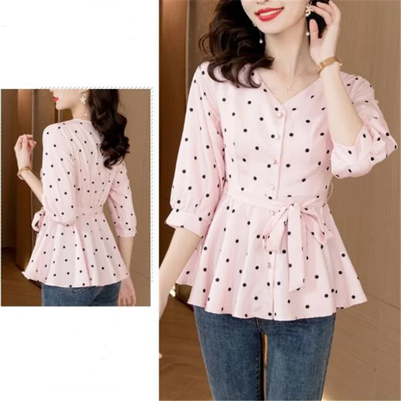 New Wave Dot Blouses Lace Up Slim Shirt For Women Summer Tops Medium Length Shirt Button Cardigan Top Grace Feminine Shirts