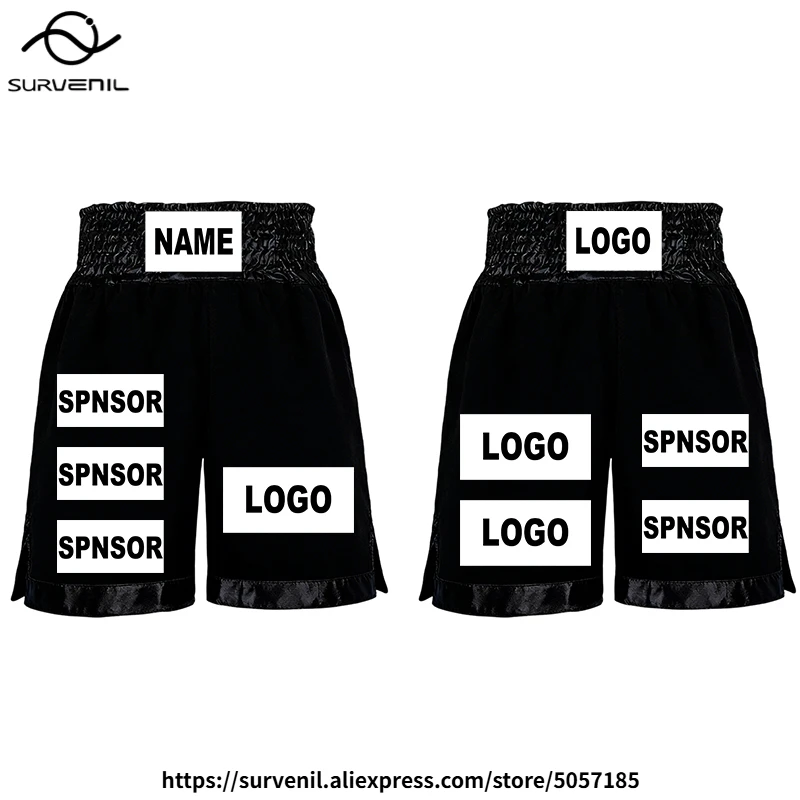 Muay Thai Boxing Shorts Custom Logo Name English Boxing Shorts Personalized Sponsor MMA Fight Training Competition Pants Black
