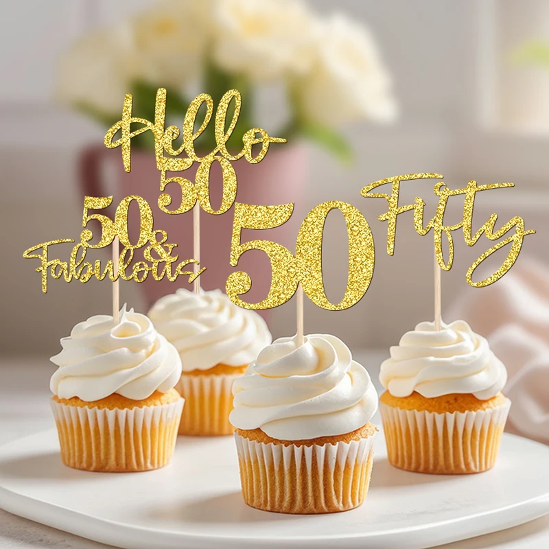 NUBECOM 24 Stück Geburtstagstorte Dekoration Glitzer 50 Cupcake Topper für Hallo 50 Hochzeitstag Party Kuchen Dekor Zubehör – Detail 1