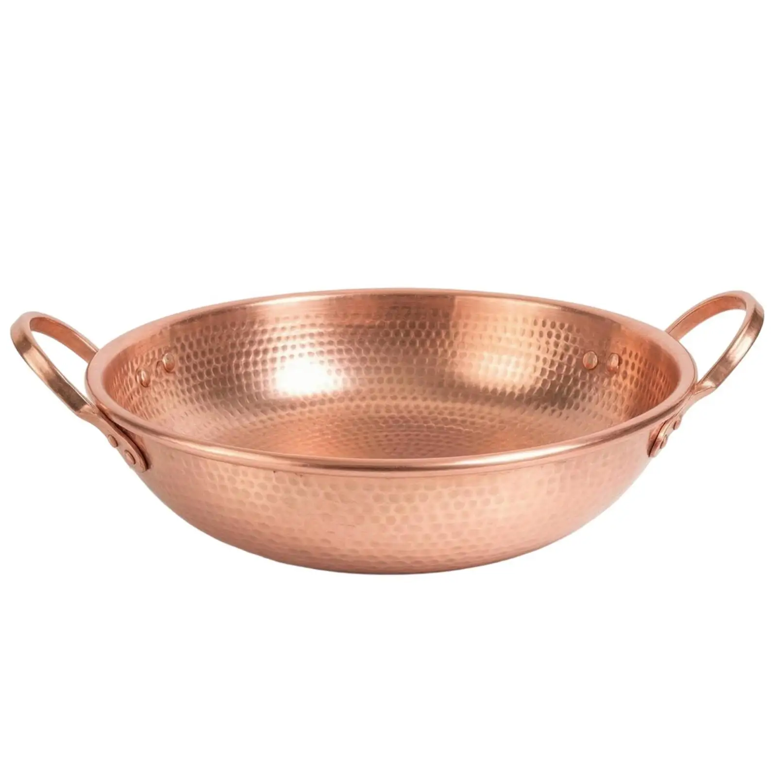Large Copper Iron Cookware Pot 34cm Wide Round Handmade Hammered Finish Serving Vessel for Stovetop to Table Meals