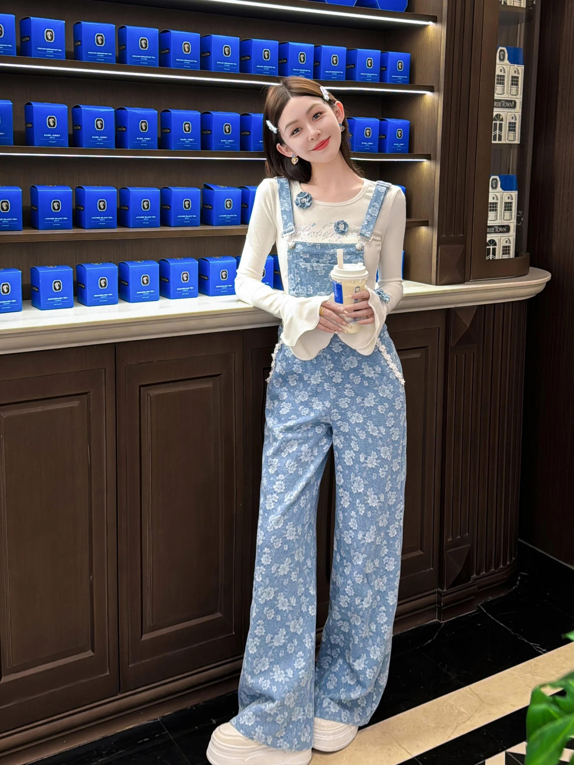 

Yu Xiaoxiao Cotton Blend Wide Leg Overalls with kets Original Design High Waist Long Trousers Sweet And Playful Sle