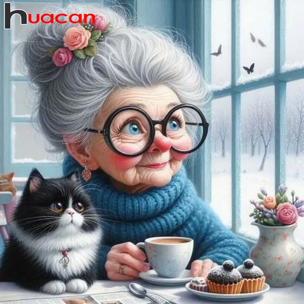 

Huacan полная дрель алмазная живопись бабушка с котом 5D DIY Алмазная мозаика искусство полный комплект кофе картина подарок ручной работы