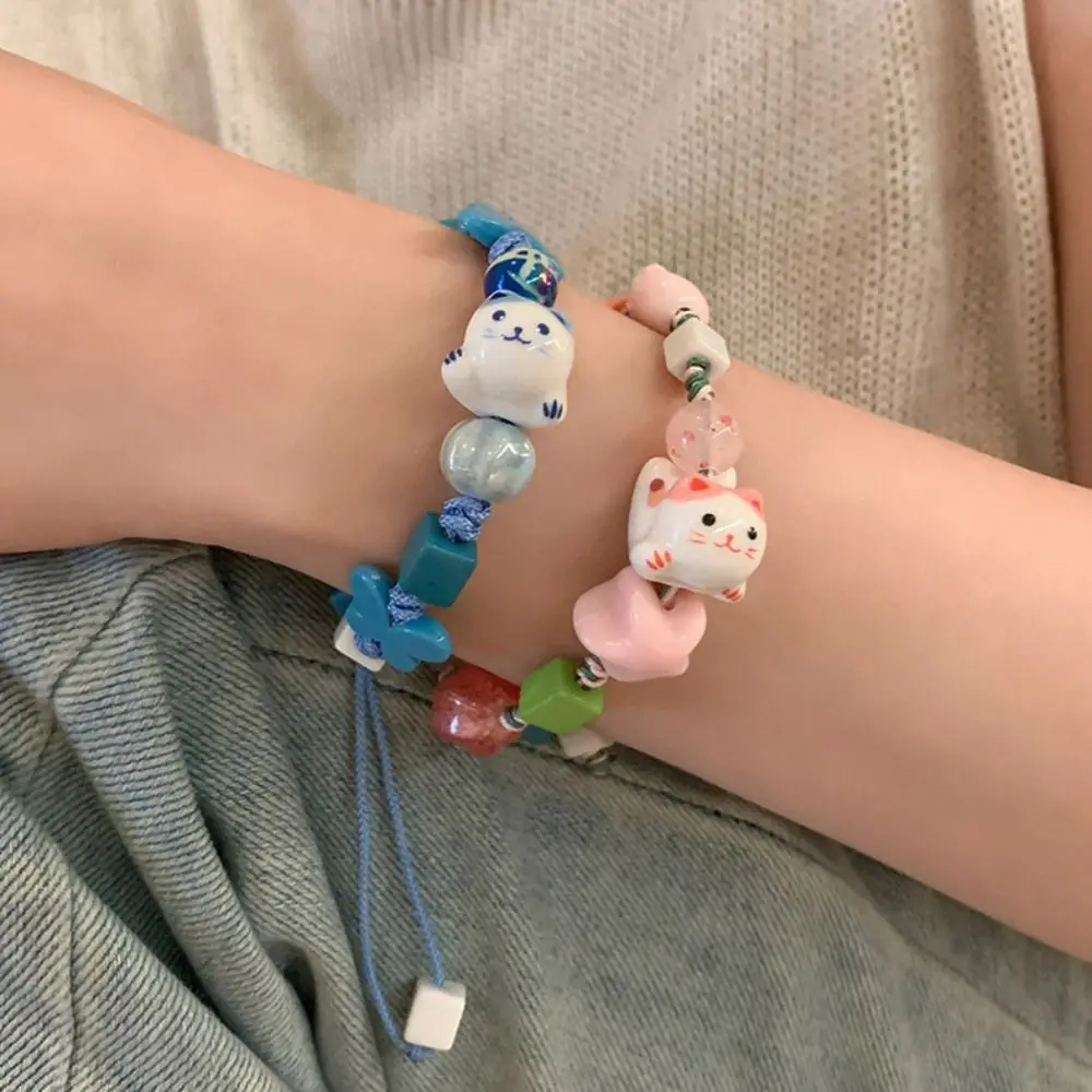 Fresh Ceramic Cat Bracelet Maneki Neko Bracelet Charming Lucky for Cat Bead Bracelet Gifts for Children Adult Men Women