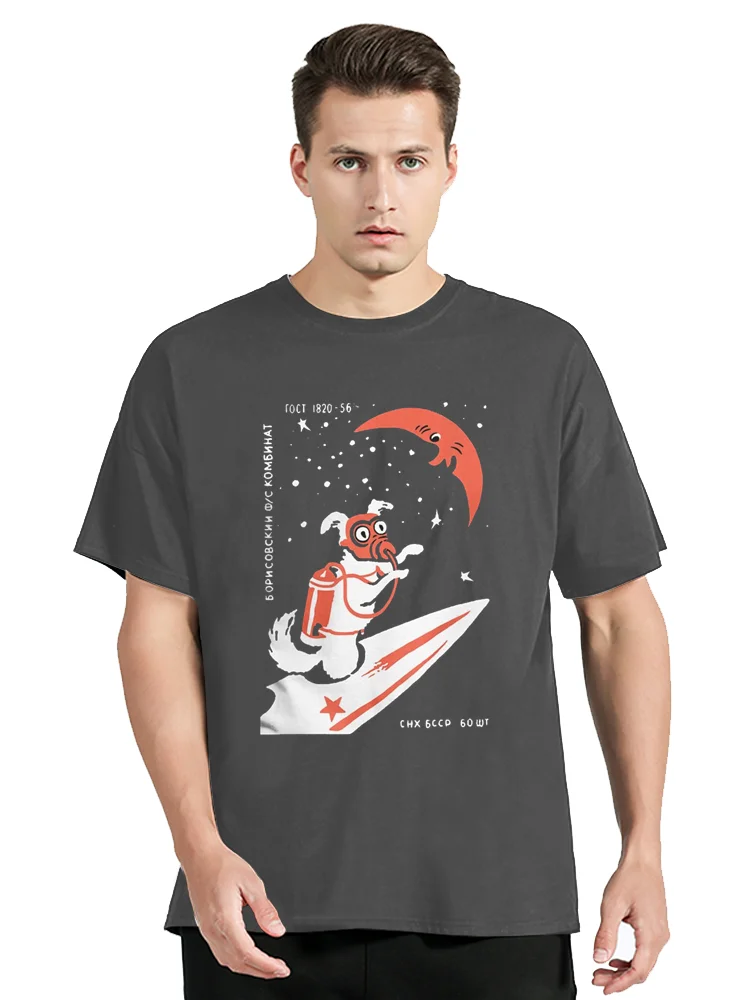 لايكا السوفياتي الفضاء الكلب صاروخ الاتحاد السوفياتي CCCP العلوم تي شيرت الرجال القطن التي شيرت الرجال الملابس المتضخم الجرافيك تيز القمم #2